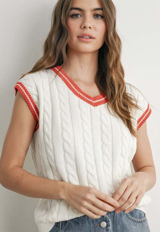 Sweater Vest - Ivory with Red Detail