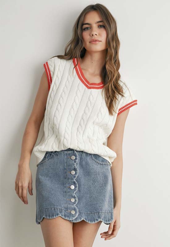 Sweater Vest - Ivory with Red Detail