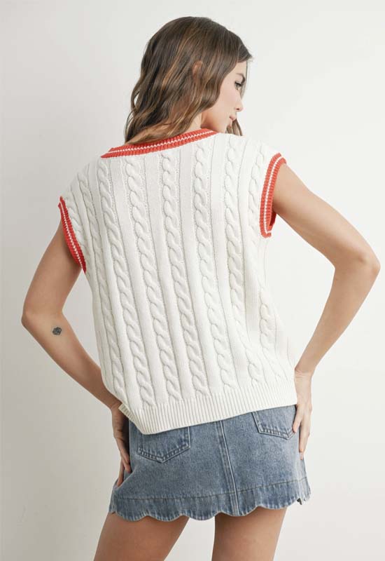 Sweater Vest - Ivory with Red Detail