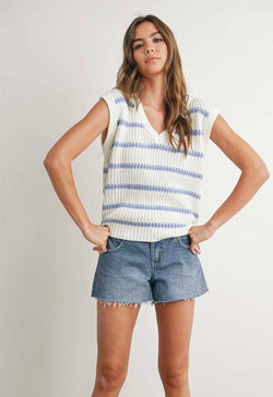 Knitted Sleeveless Sweater - Ivory Blue