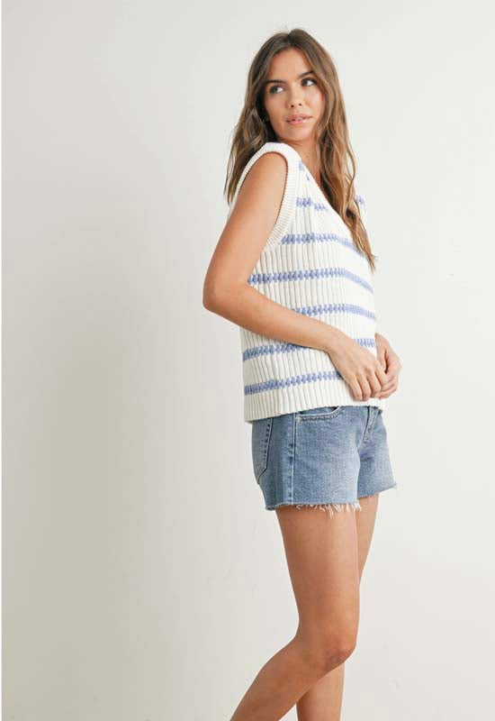 Knitted Sleeveless Sweater - Ivory Blue