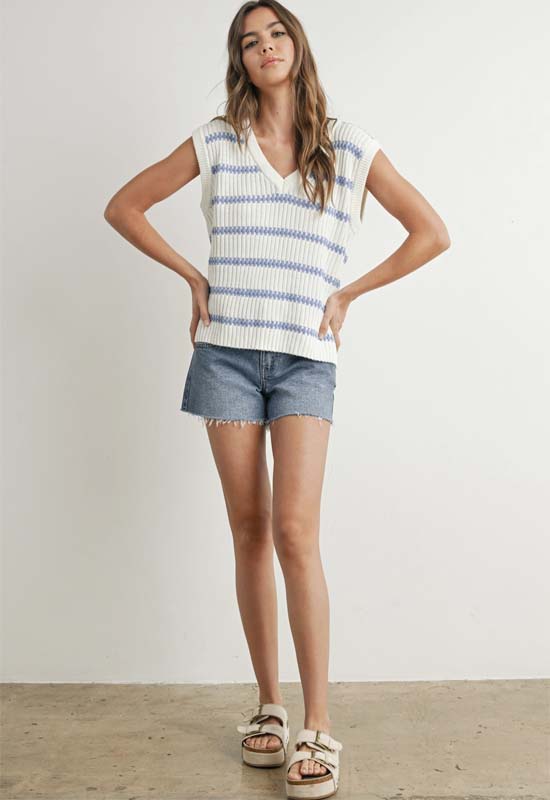 Knitted Sleeveless Sweater - Ivory Blue