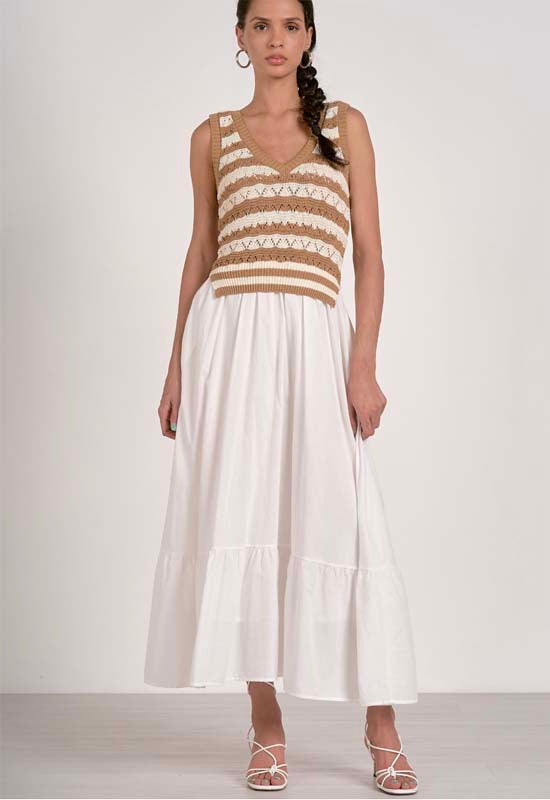 Elan - Woven Knit Mix Midi Dress White Combo