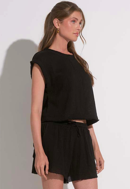 Elan - Cap Sleeve Crop Top Black