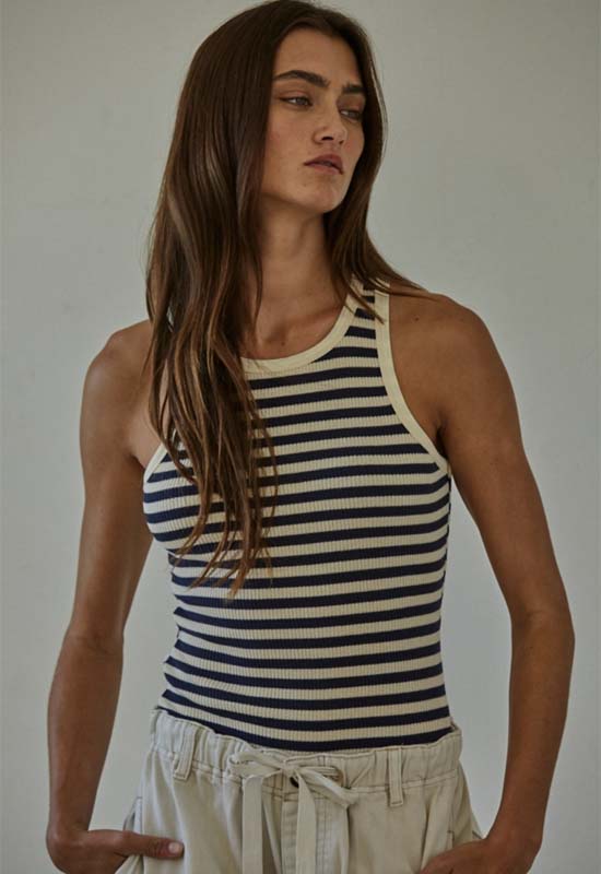 Ribbed Striped Tank - Cream Navy