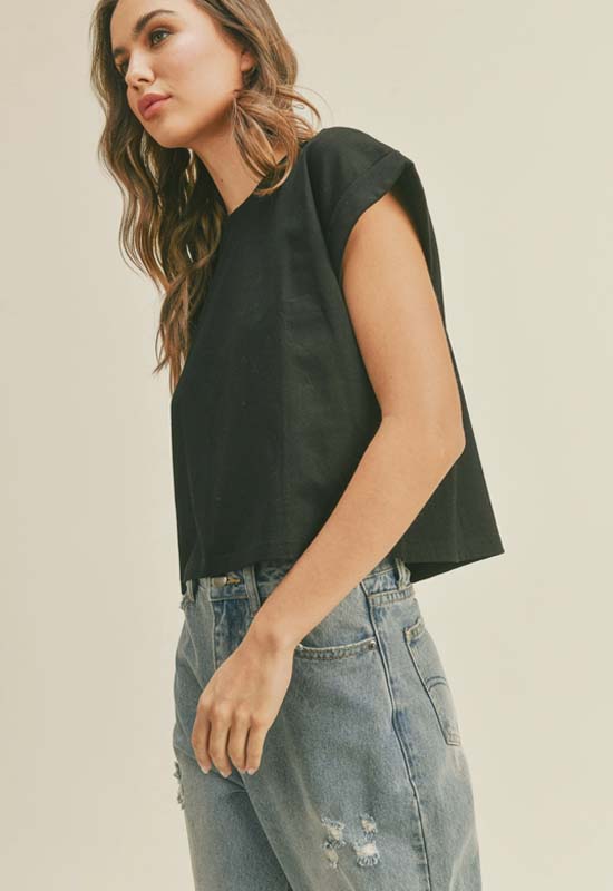 Round Neck Cuff Sleeve Top - Black