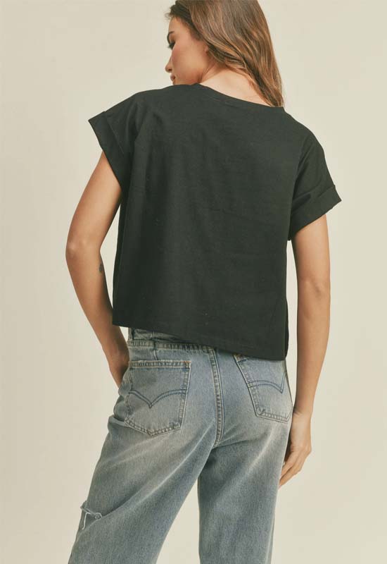 Round Neck Cuff Sleeve Top - Black