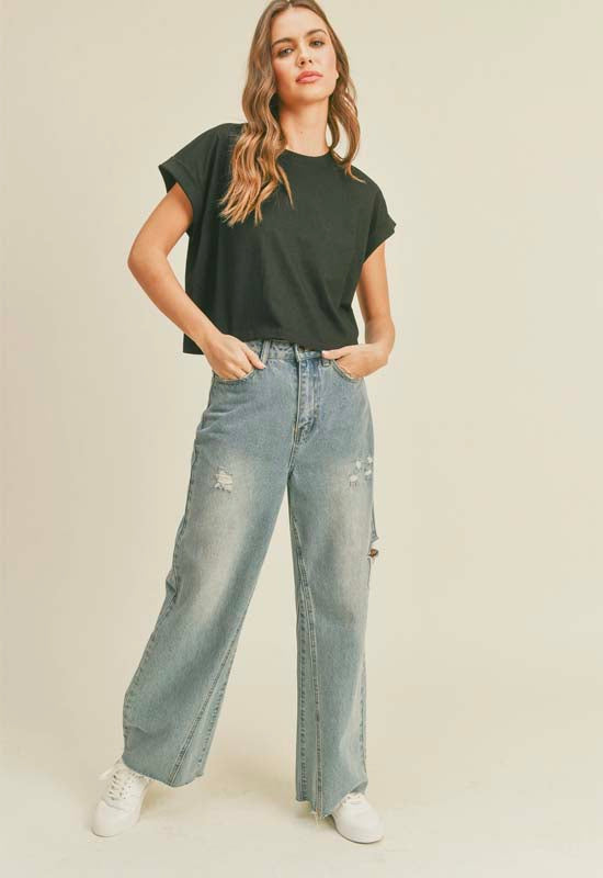 Round Neck Cuff Sleeve Top - Black