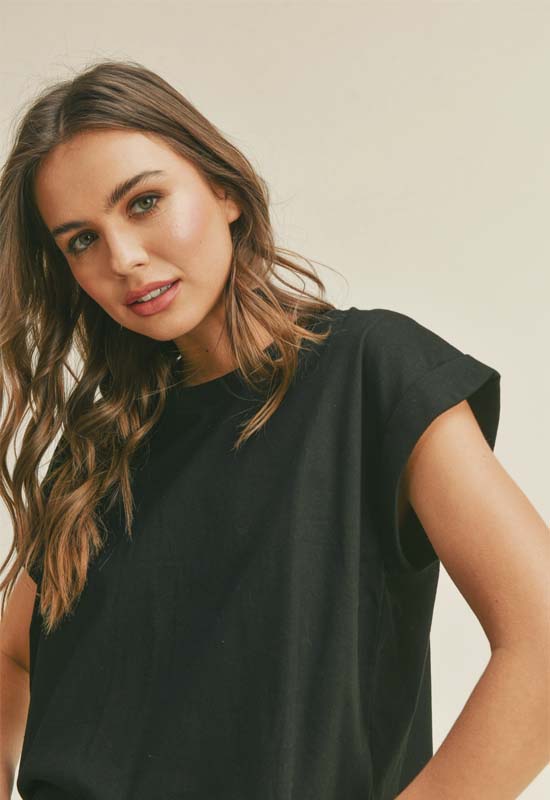 Round Neck Cuff Sleeve Top - Black