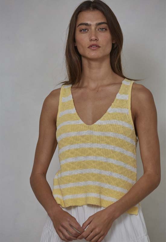 V-Neck Sleeveless Top Yellow ivory Stripe