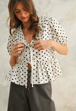 Polka Dot Linen Blouse - Oatmeal