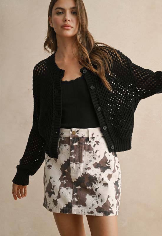 Button Down See Through Cardigen Sweater - Black