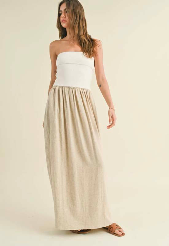 Linen with Knitted Ribbed Top Combo Dress - White Oatmeal
