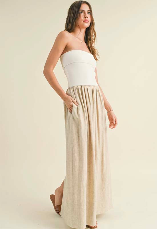 Linen with Knitted Ribbed Top Combo Dress - White Oatmeal