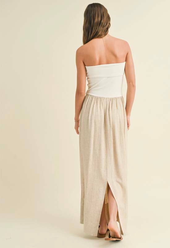 Linen with Knitted Ribbed Top Combo Dress - White Oatmeal