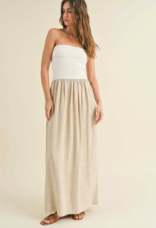 Linen with Knitted Ribbed Top Combo Dress - White Oatmeal
