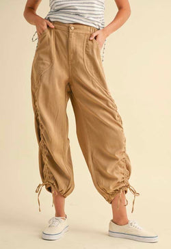 Washed Drawstring on Ankle Pants - Camel