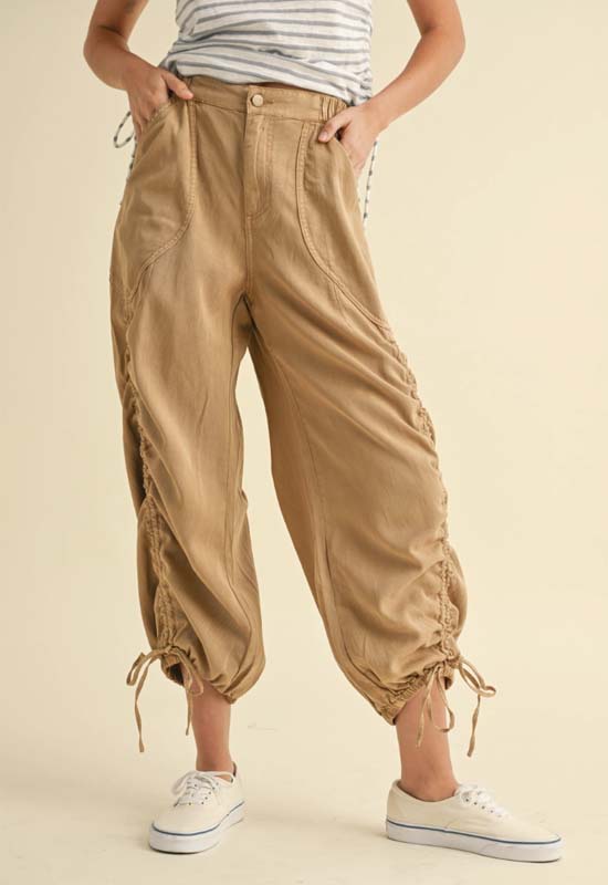 Washed Drawstring on Ankle Pants - Camel