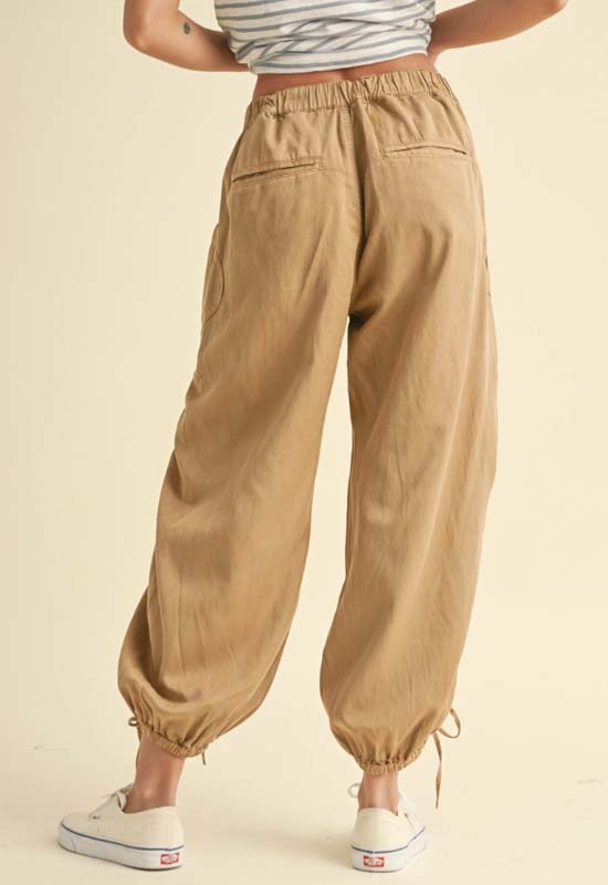 Washed Drawstring on Ankle Pants - Camel