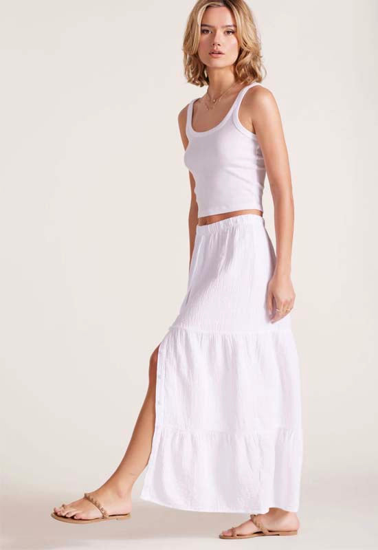 Bobi - Tiered Button Front Maxi Skirt White
