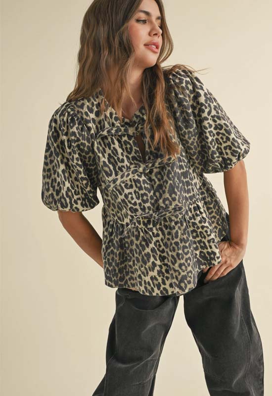 MIOU MUSE T4919-LEOPARD TIE FRONT BLOUSE LEOPARD PRNT - T4919-LEOPARD-MIOU MUSE