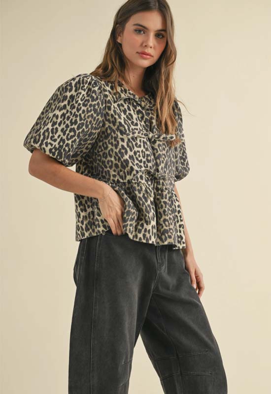 Front Tie Denim Print Blouse - Leopard