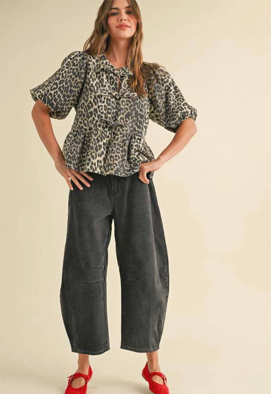 Front Tie Denim Print Blouse - Leopard