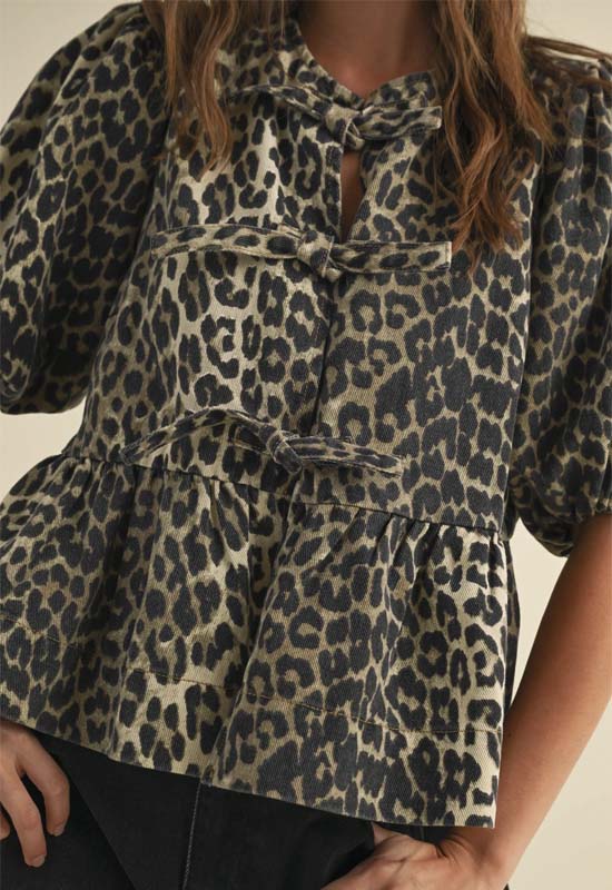 Front Tie Denim Print Blouse - Leopard