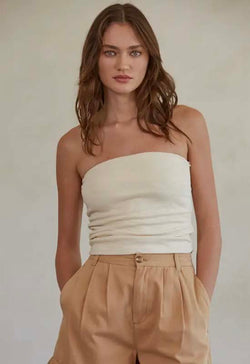 Knit Side Ruched Tube Top - Cream