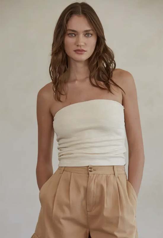 Knit Side Ruched Tube Top - Cream