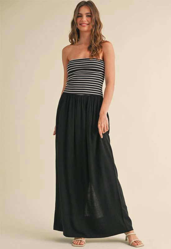 Striped Rib Top Linen Dress - Black