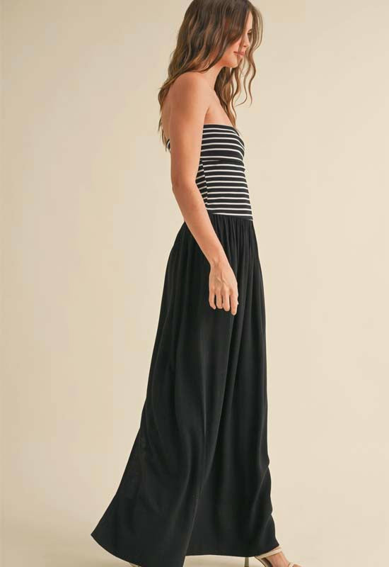 Striped Rib Top Linen Dress - Black