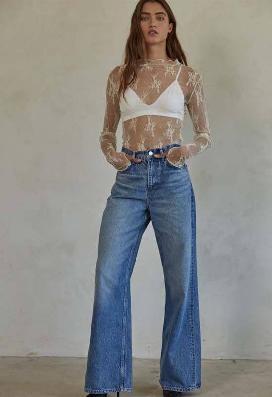 Knit Jacquard Lace Long Sleeve Top - Ivory