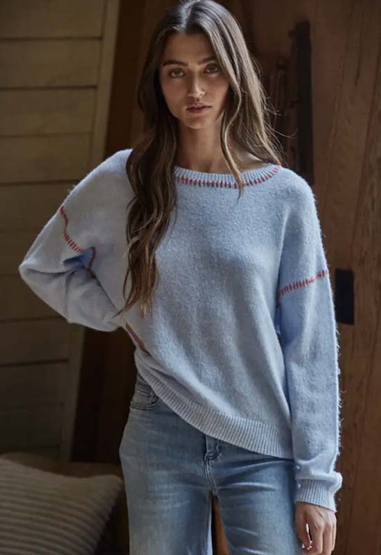 Contrast Stitch Sweater - Light Blue