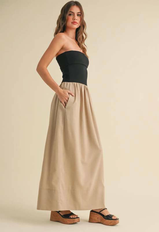 Knitted Top Combo Dress - Black Tan