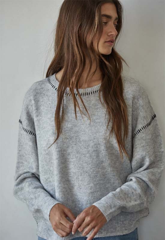 Knit Contrast Stitch Sweater - Heather Grey