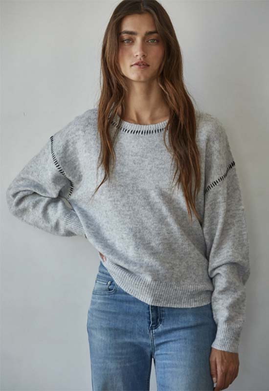 Knit Contrast Stitch Sweater - Heather Grey