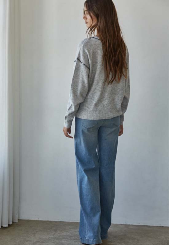 Knit Contrast Stitch Sweater - Heather Grey