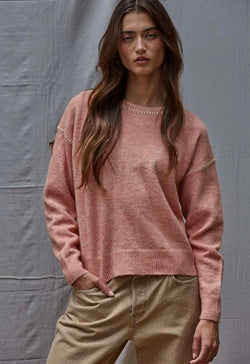 Knit Contrast Stitch Sweater - Dusty Coral