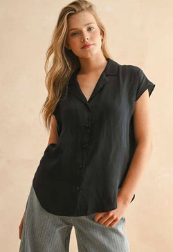 Button Down Cap Sleeve Top - Deep Ocean Blue