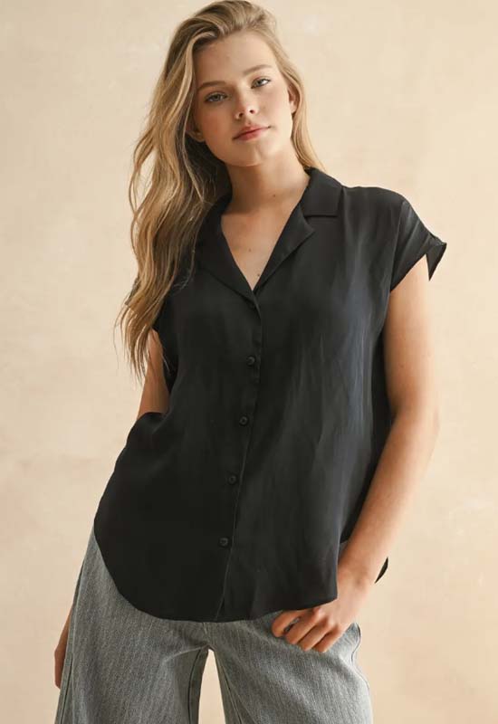 Button Down Cap Sleeve Top - Deep Ocean Blue