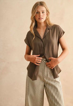Button Down Cap Sleeve Top - Coffee