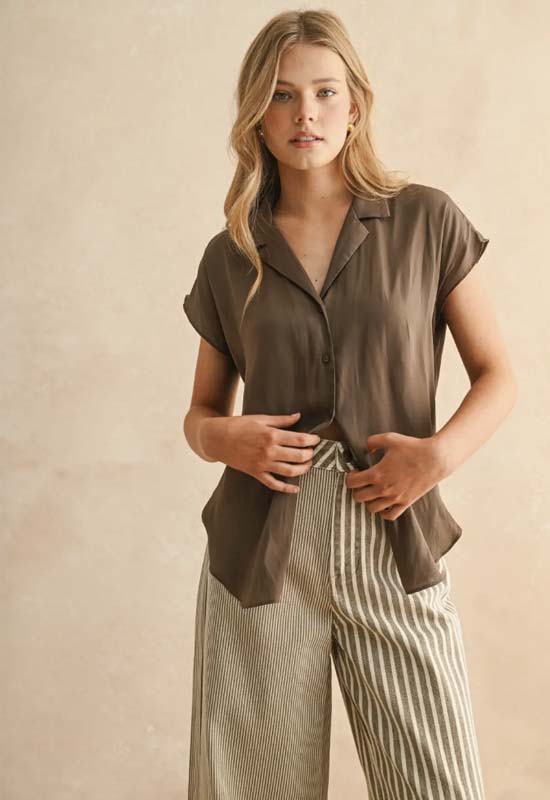 Button Down Cap Sleeve Top - Coffee