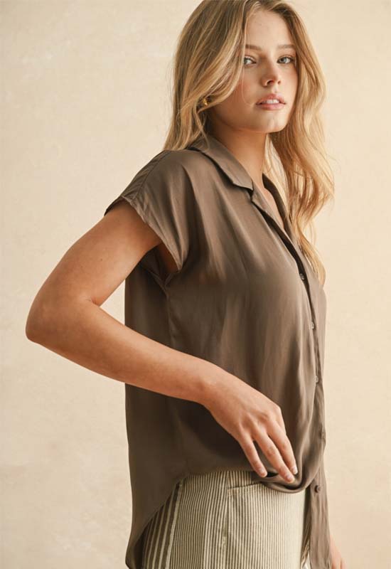 Button Down Cap Sleeve Top - Coffee