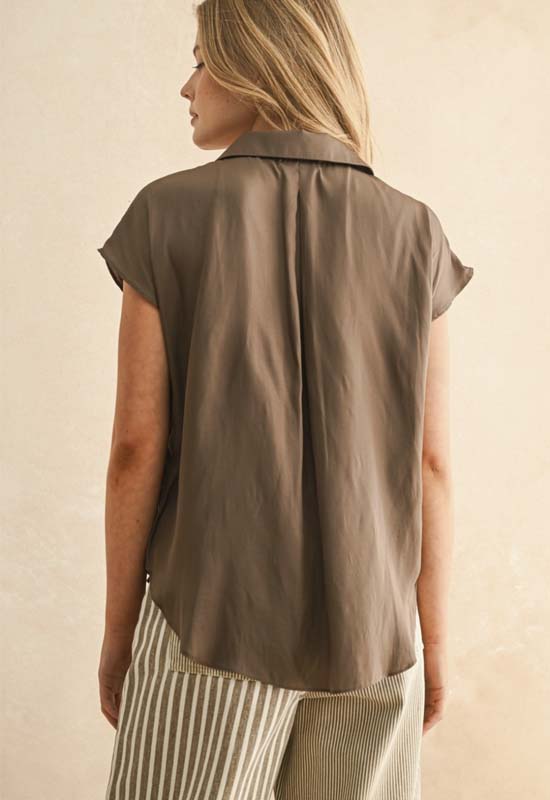 Button Down Cap Sleeve Top - Coffee