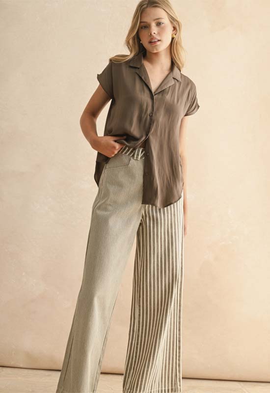Button Down Cap Sleeve Top - Coffee