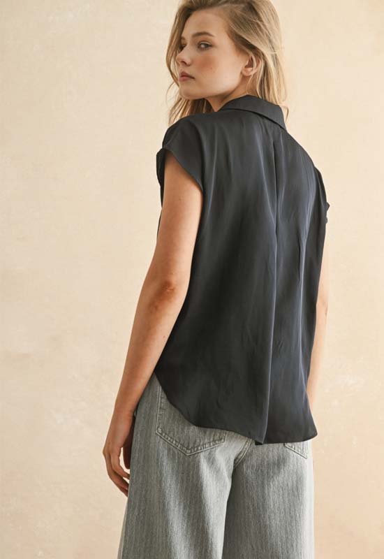 Button Down Cap Sleeve Top - Deep Ocean Blue