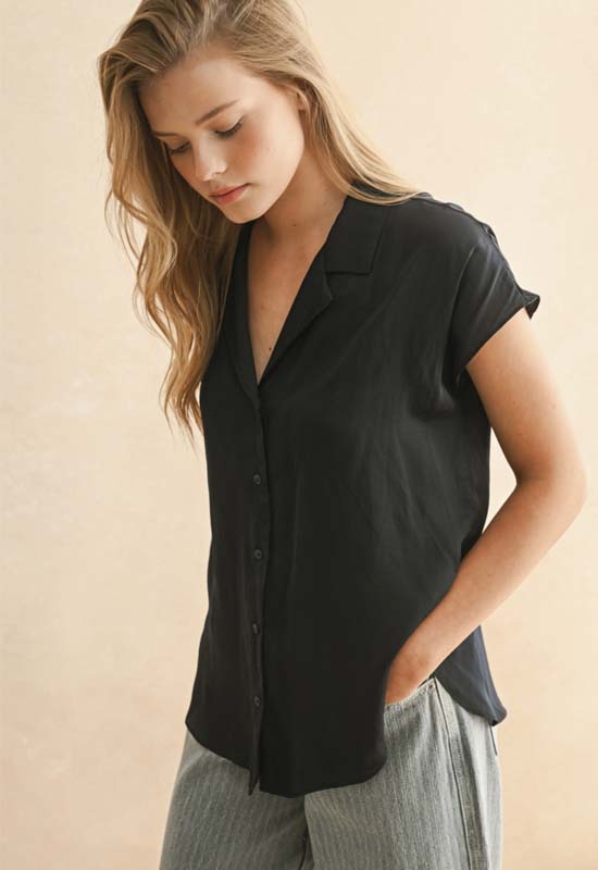 Button Down Cap Sleeve Top - Deep Ocean Blue