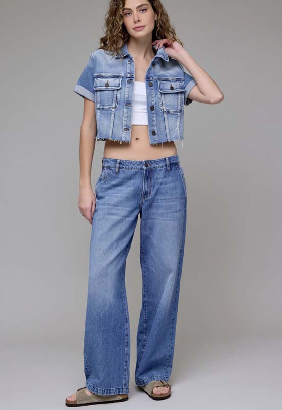 Hidden - Cropped Stretch Trucker Denim Jacket Medium Wash