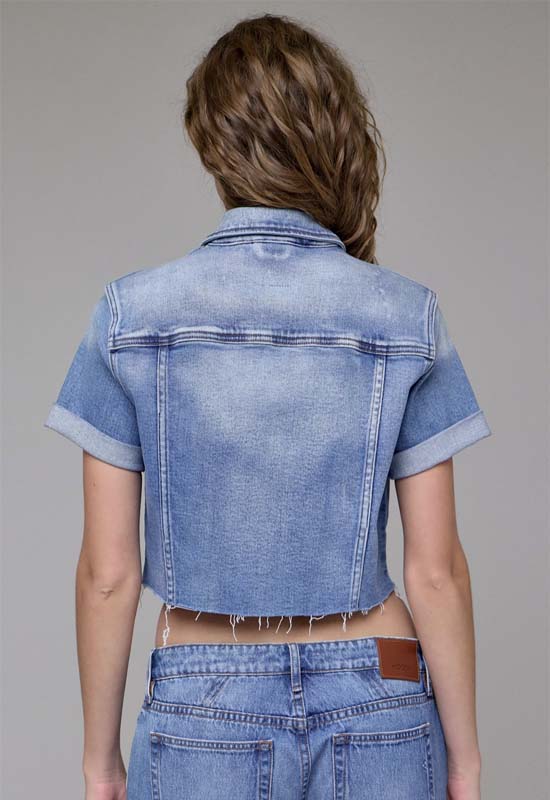 Hidden - Cropped Stretch Trucker Denim Jacket Medium Wash